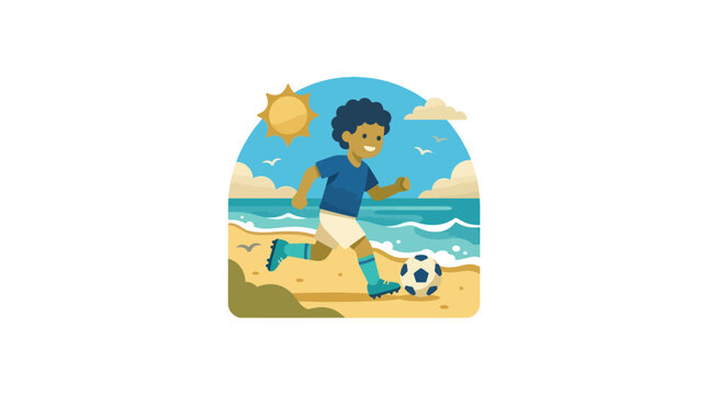 Boy Playing Soccer on Sandy Beach.