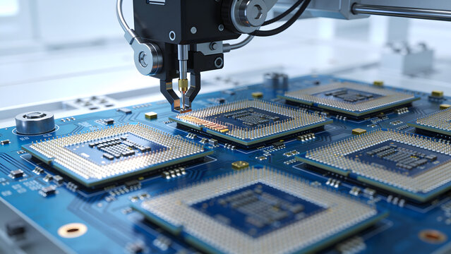 Silicon Dies Mounted on Advanced Substrate in Computer Chip Manufacturing Fab