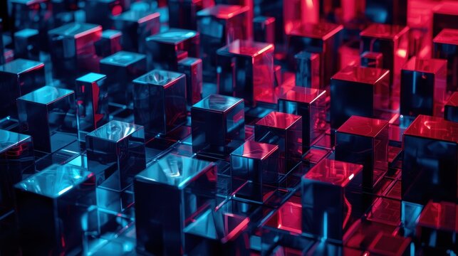 Abstract 3d background with glowing red and blue metallic square cubes