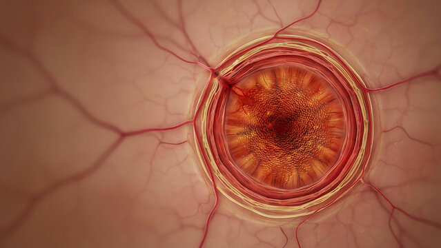 Human eye anatomy showing blood vessels and retina in detail  medical imaging of eye structure