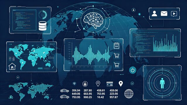 Futuristic global data analytics dashboard with world map, brain network, financial charts, user icons, security locks, location pins, real-time metrics