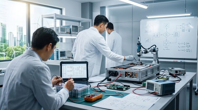 Engineers in white coats testing electric vehicle battery pack in modern laboratory, using multimeter and robotic arm for quality control, schematic diagrams on screen