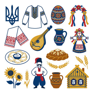 Traditional Ukrainian cultural symbols and folk elements set