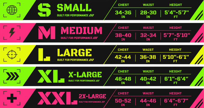 Sportswear Size Guide Banner Set with Small Medium Large XL and XXL Measurements for Athletic Apparel Retail Branding