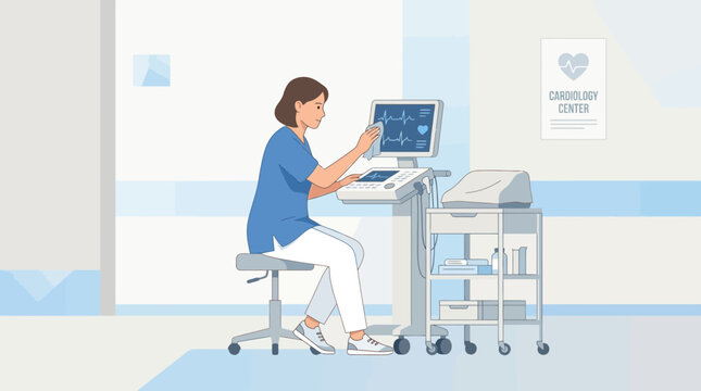 Nurse operating ECG machine in cardiology department, healthcare concept illustration