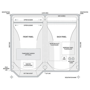 Professional Technical Packaging Design Template for Stand-up Pouch Layout with Bleed and Safe Margins