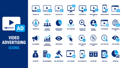 Naklejka premium Video Advertising Icons Collection for Digital Marketing Symbols.