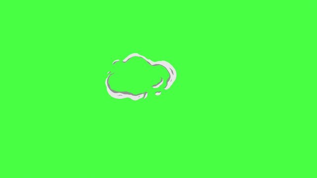 A white caratoon style animated smoke cloud explosion effect with shading against a bright green screen background, suitable for video effects and animated cartoon or comics
