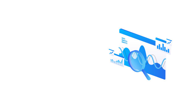 Isometric stock market data analysis with magnifying glass, business financial analytics dashboard, and market data analytics concept in blue digital style