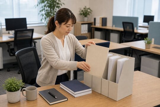 無地ファイルを棚へ戻す人事担当者