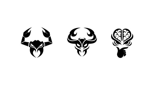 Three Intricate Bull Skull Designs in Black and White.