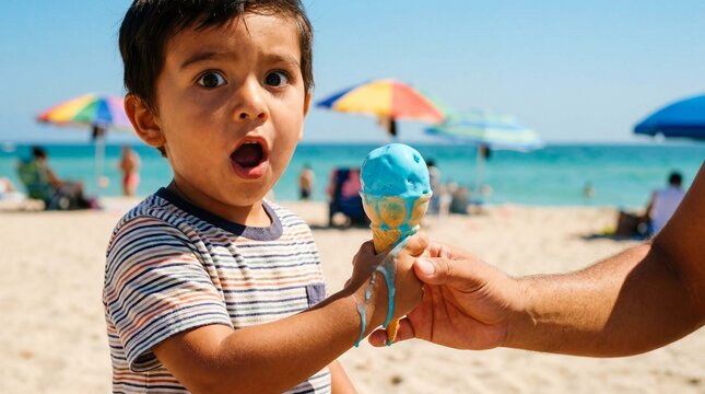 Surprised toddler discovers blue bubblegum cone during Ice Cream Month beach vacation for summer lifestyle promotional photography