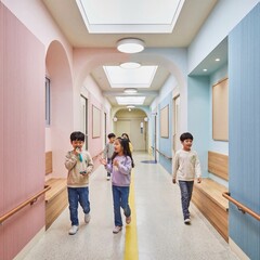 Fototapeta premium Students in a barrier free elementary school corridor