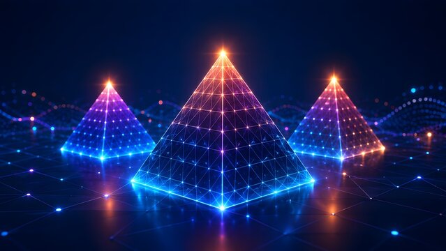 Futuristic digital pyramids with glowing neon grid lines on dark background symbolizing blockchain network and data architecture