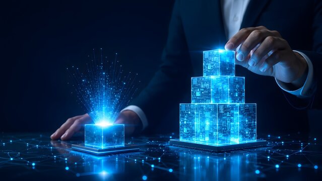 Businessman hand arranging glowing digital blocks conceptualizing technology strategy and enterprise software architecture