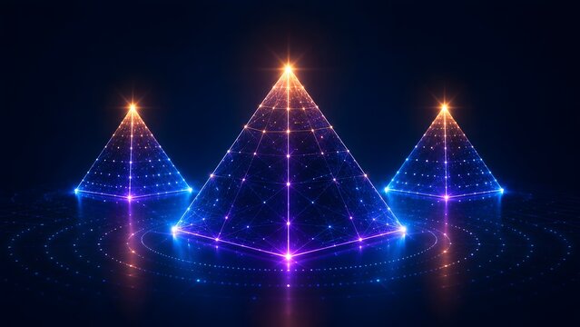 Centralized data core represented by glowing digital pyramid with concentric network circles in virtual cyberspace environment
