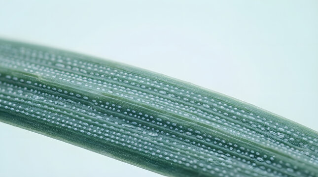 Macro photo of microscopic conifer leaf stomata bands showing parallel white waxy dots on green pine needle background