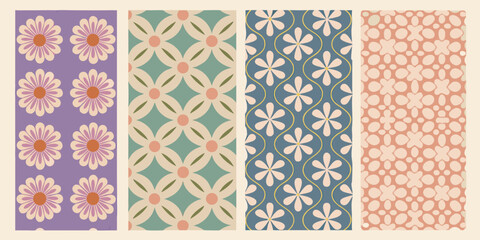 four vertical panels showcasing retro floral patterns vintage 1970s flower design ornament vector illustration graphic art © Titul