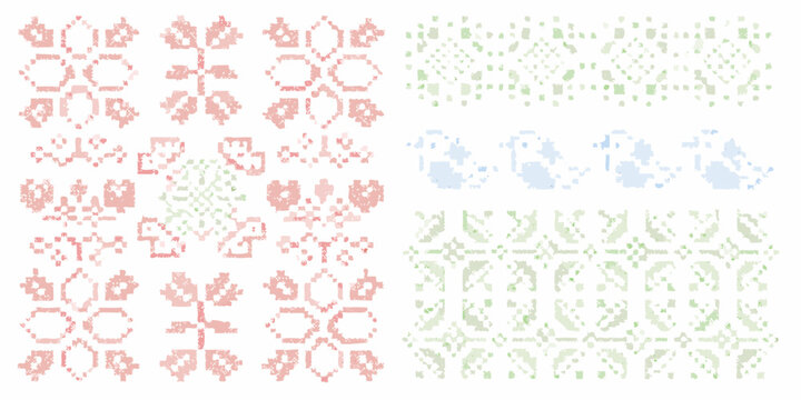 pixelated cross stitch embroidery patterns on white background vintage stitching needlework textile designs ornament decorative craft