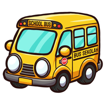 Cute Yellow Cartoon School Bus Illustration with Bus Sekolah Text