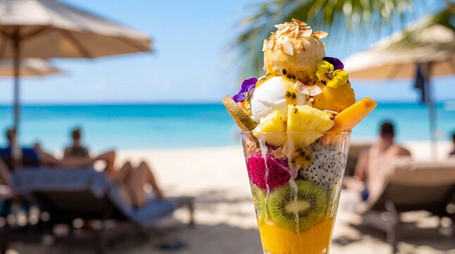 Tropical fruit sundae tower with layers at beach sunbathing area celebrates Ice Cream Month for summer vacation dessert promotions
