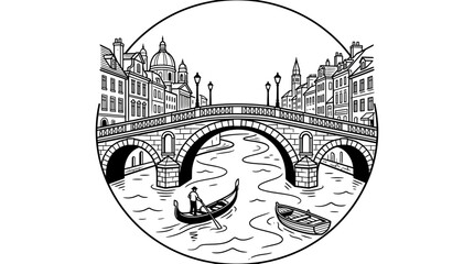 Venice Canal Scene with Gondola and Bridge in Vintage Illustration Style © afam