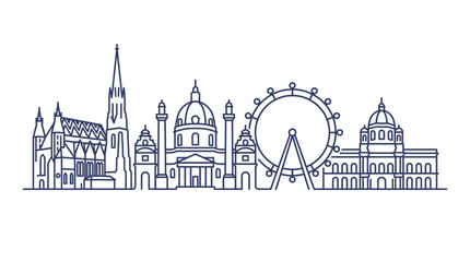 Fototapeta premium Vienna skyline, iconic landmarks, line art, blue outline, white background