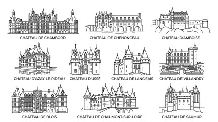 Fototapeta premium French Chateaux Line Art Collection: Loire Valley Castles Illustration