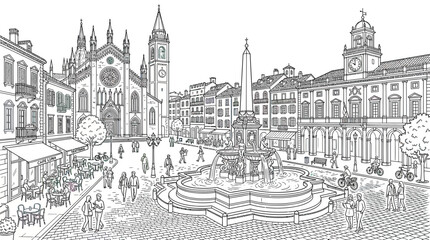 Historic European City Square with Fountain and Cathedral - Line Drawing © afam