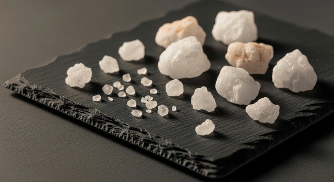 Rough and cut diamonds on slate.