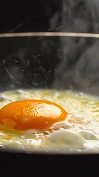fried egg cooking in pan macro close-up, side angle capturing bubbling white and glossy yolk, hot breakfast preparation with steam and rich texture, simple food concept