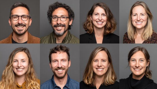 Eight headshots featuring four men and four women with smiling expressions against gray backgrounds