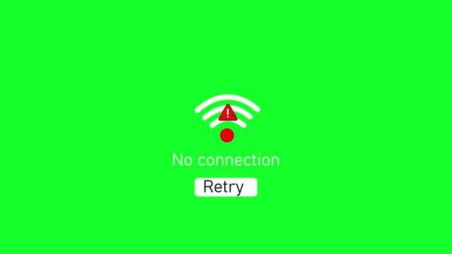 No internet connection error with retry button animation on green screen background, no connection internet error