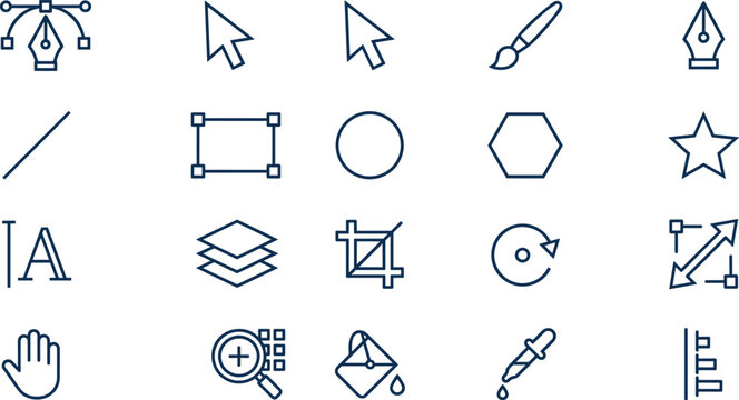 Set of blue linear graphic design and vector illustration toolbar icons on white background.
