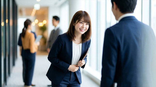 オフィスの廊下で挨拶する笑顔の女性