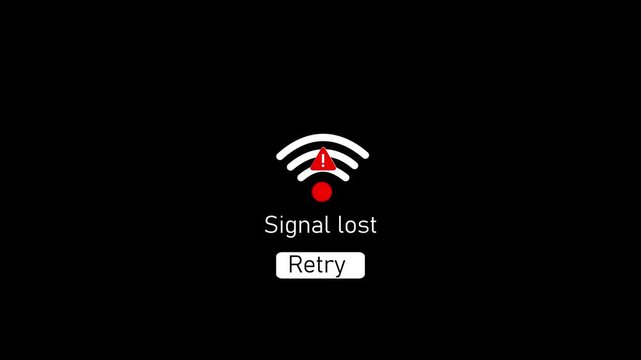 Signal lost error message with retry button on black background, for digital connectivity, issues connection error