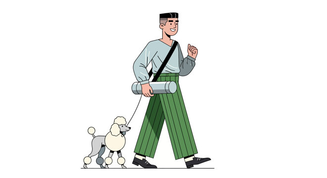 Man walking small white poodle on leash outdoors.
