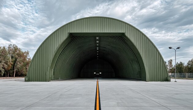 Expansive green metal quonset hut structure on concrete pad under cloudy sky