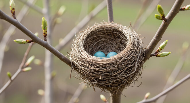 Detailed view of a bird&rsquo;s nest with blue eggs in a tree branch