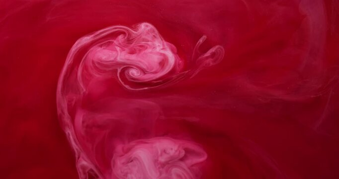 Smoke mix. Mist flow. White stream spray vivid drop spill pigment. Paint dye haze floating abstract red liquid texture background.