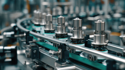 Fototapeta premium Automated Industrial Production Line for Precision Components Moving on Conveyor Systems in a High-Tech Manufacturing Facility