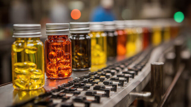 Industrial production line featuring transparent glass bottles filled with colorful dietary supplement capsules and vitamins in a factory