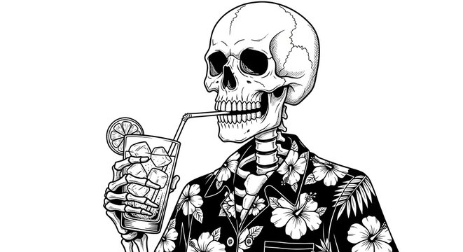 A skeleton wearing a hawaiian shirt drinking a cocktail with a straw