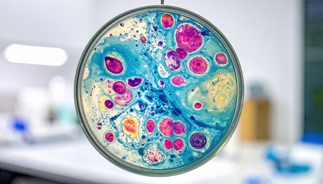 Microscope Slide Showcasing Vibrant Stained Cells in Laboratory Culture