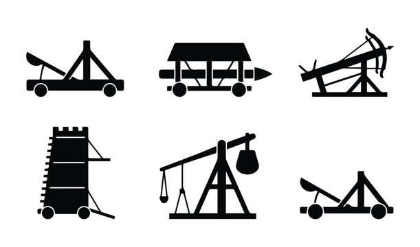 Ancient siege weapons set icon Silhouette Vector black design on a white background