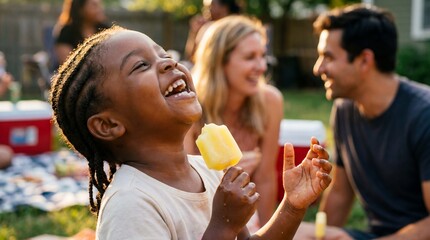 Naklejka premium A Black girl with braids laughs joyfully while eating a lemon popsicle at a summer picnic celebrating Ice Cream Month with family and friends