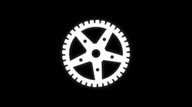 White gear icon accelerating with kinetic energy motion loop on black background