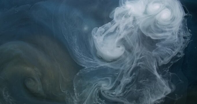 Dye spread. Pigment splash. White paint flow haze explosion abstract dark grunge shimmering background. Spiral vortex blend color blur fluid.