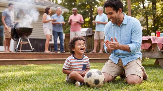 Toddler sits on grass holding soccer ball while dad applauds at National Grilling Month party for family lifestyle promotional content.