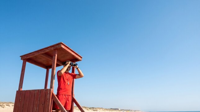 Lifeguard on duty looking at ocean from wooden watchtower